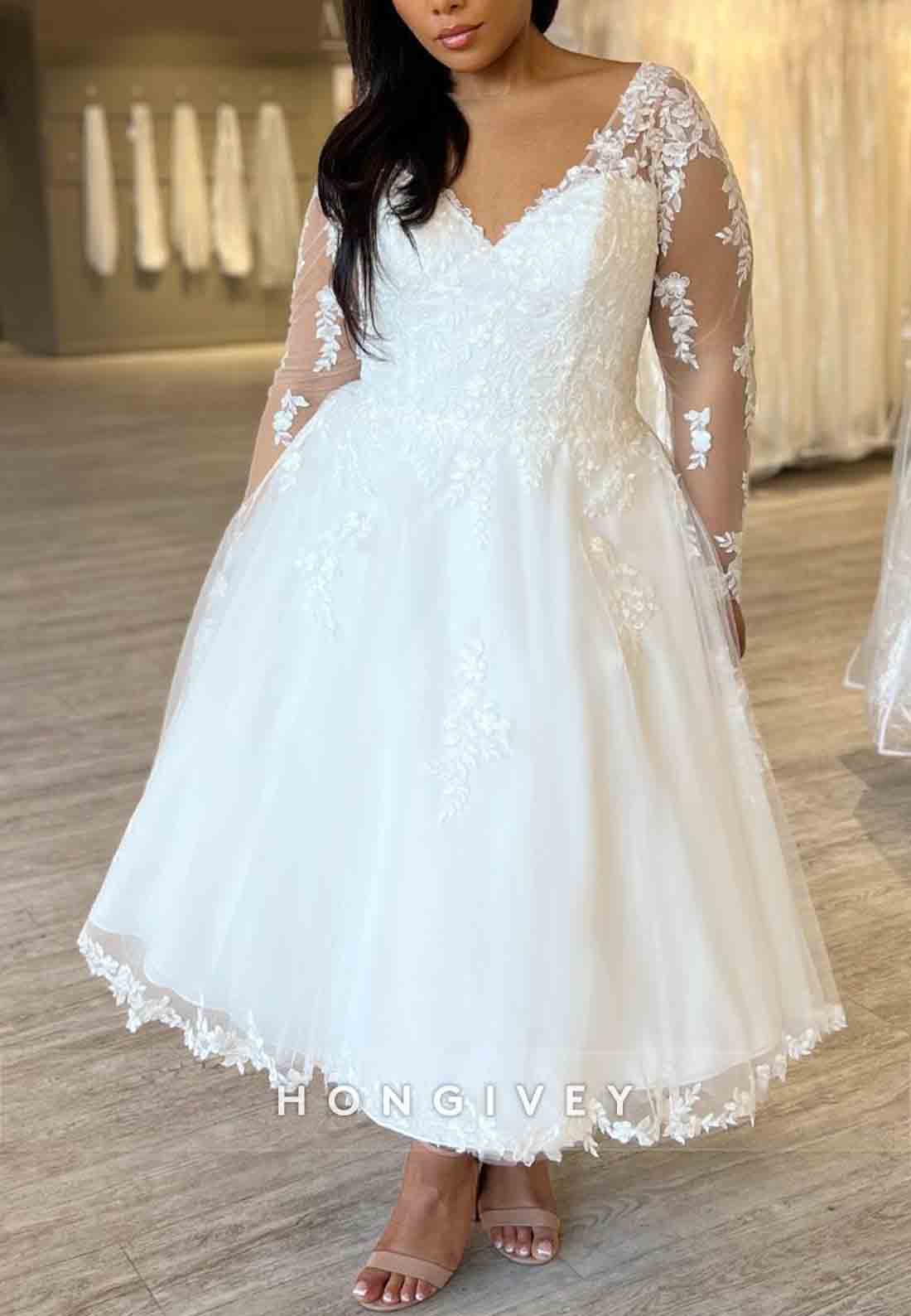 V Neck Ankle-Length Lace Long Sleeve Pleated V Back Boho Wedding Dresses