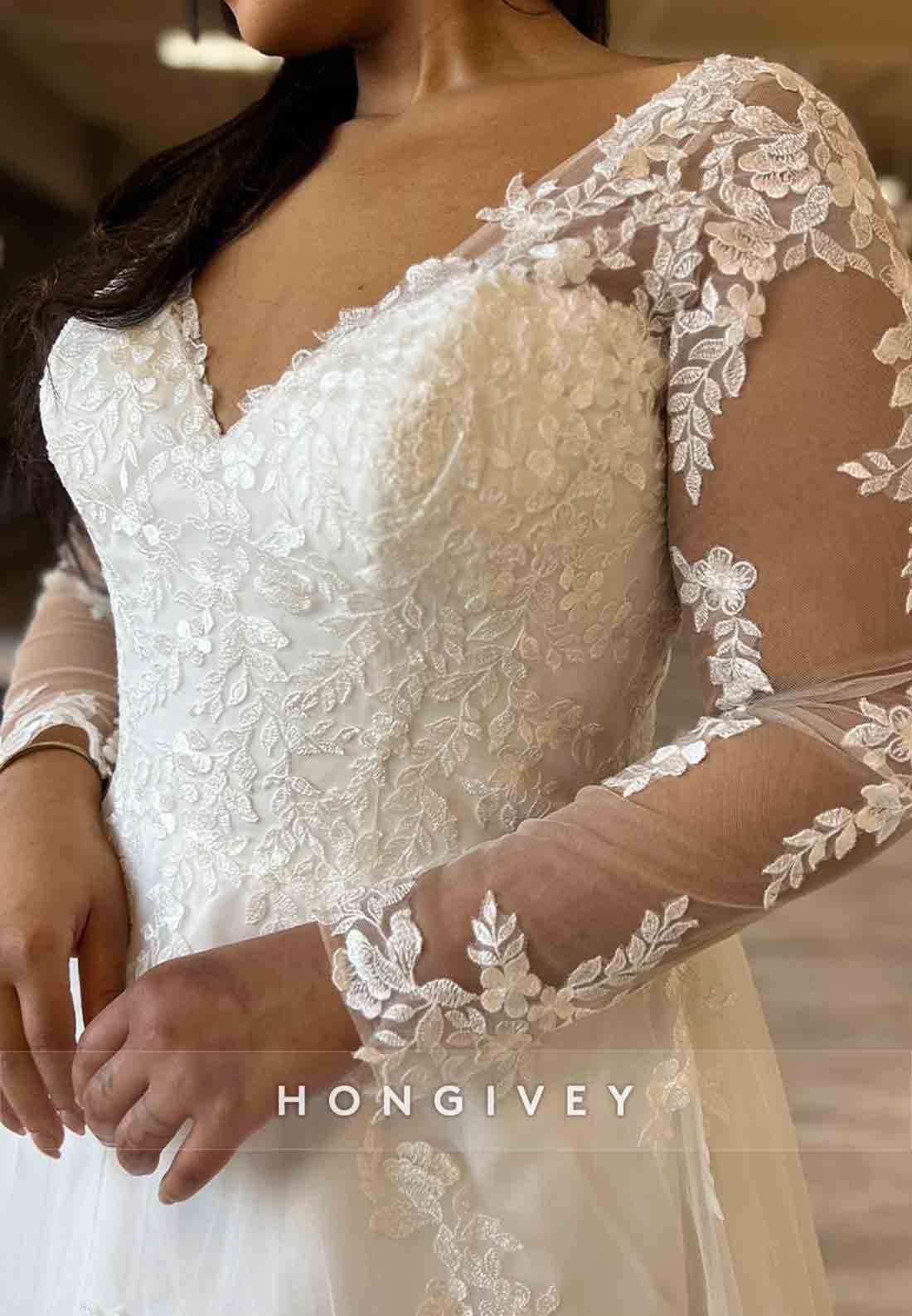 V Neck Ankle-Length Lace Long Sleeve Pleated V Back Boho Wedding Dresses