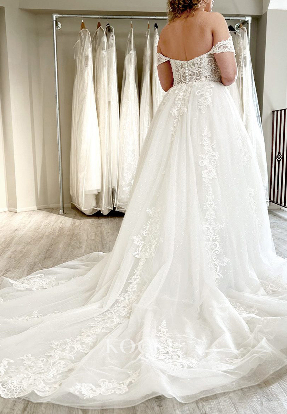 Romantic Off - Shoulder Sheer Lace Tulle Ball Gown Wedding Dress with Floral Embroidery