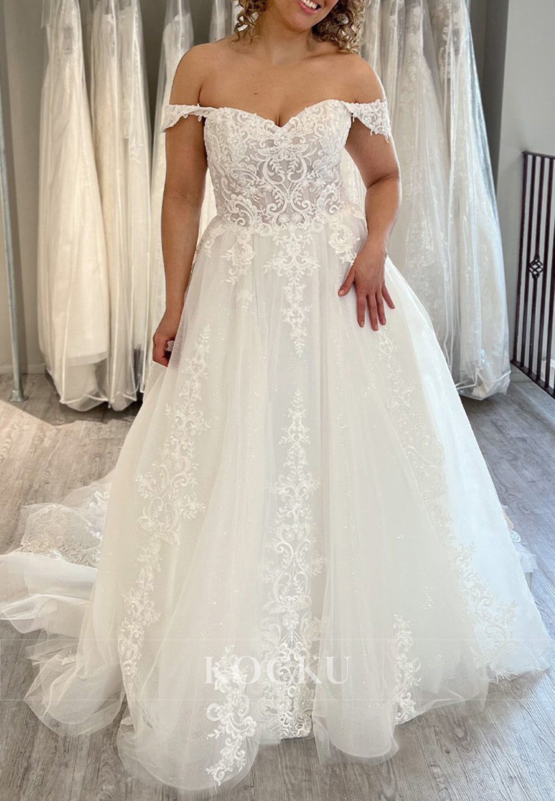 Romantic Off - Shoulder Sheer Lace Tulle Ball Gown Wedding Dress with Floral Embroidery