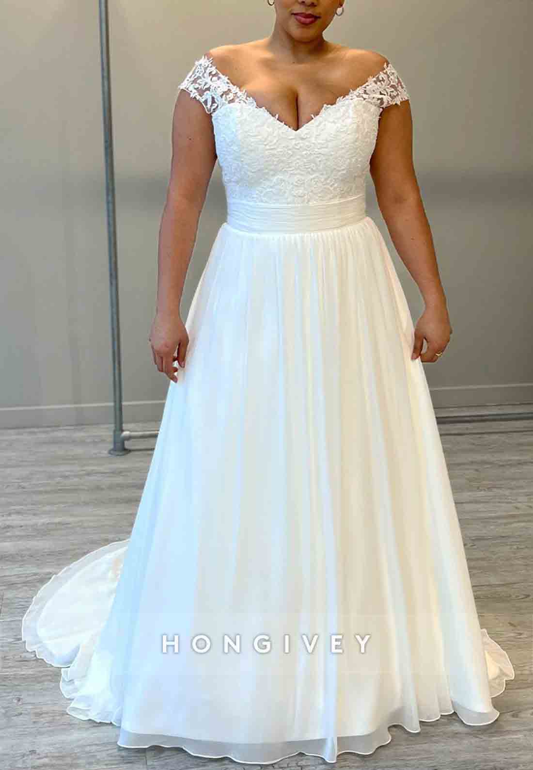 V Neck A-line Cap Sleeves Lace Crisscross Back Court Train Wedding Dresses