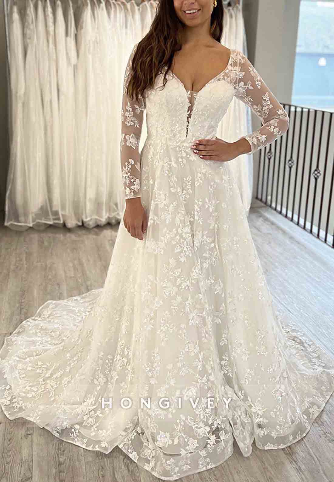 V Back A-line Court Train V Neck Lace Long Sleeve Wedding Dresses