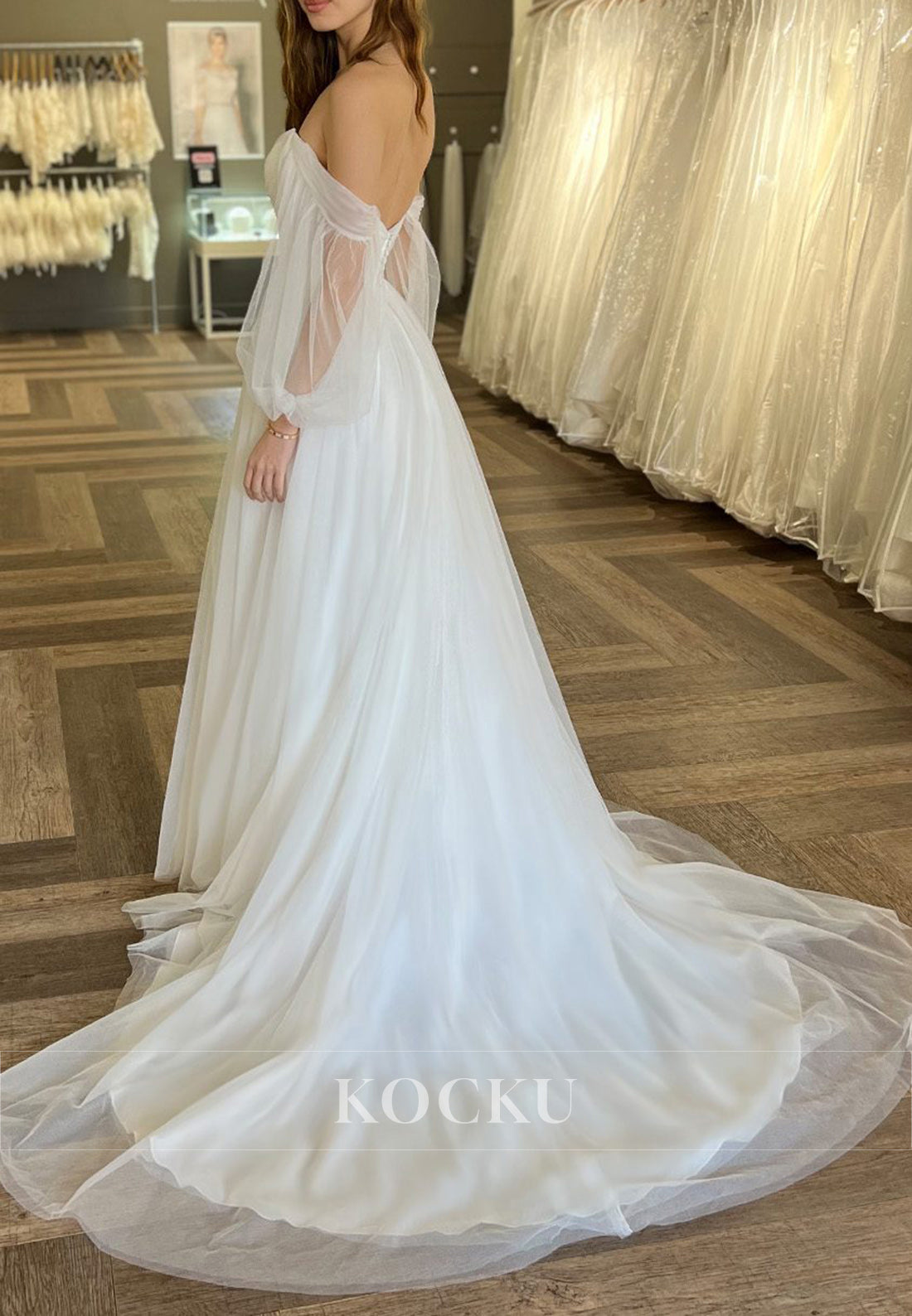 Off - Shoulder Tulle Ball Gown Wedding Dress with Puff Sleeves