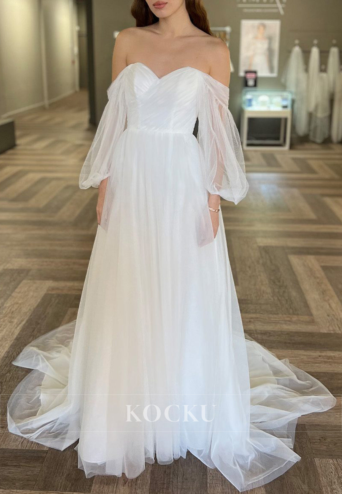 Off - Shoulder Tulle Ball Gown Wedding Dress with Puff Sleeves