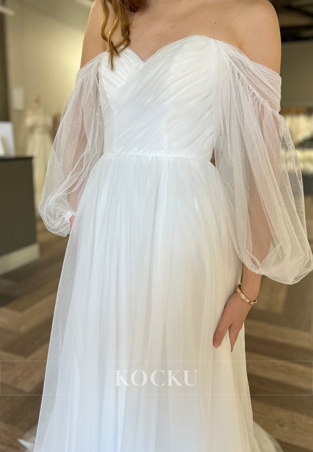 Off - Shoulder Tulle Ball Gown Wedding Dress with Puff Sleeves
