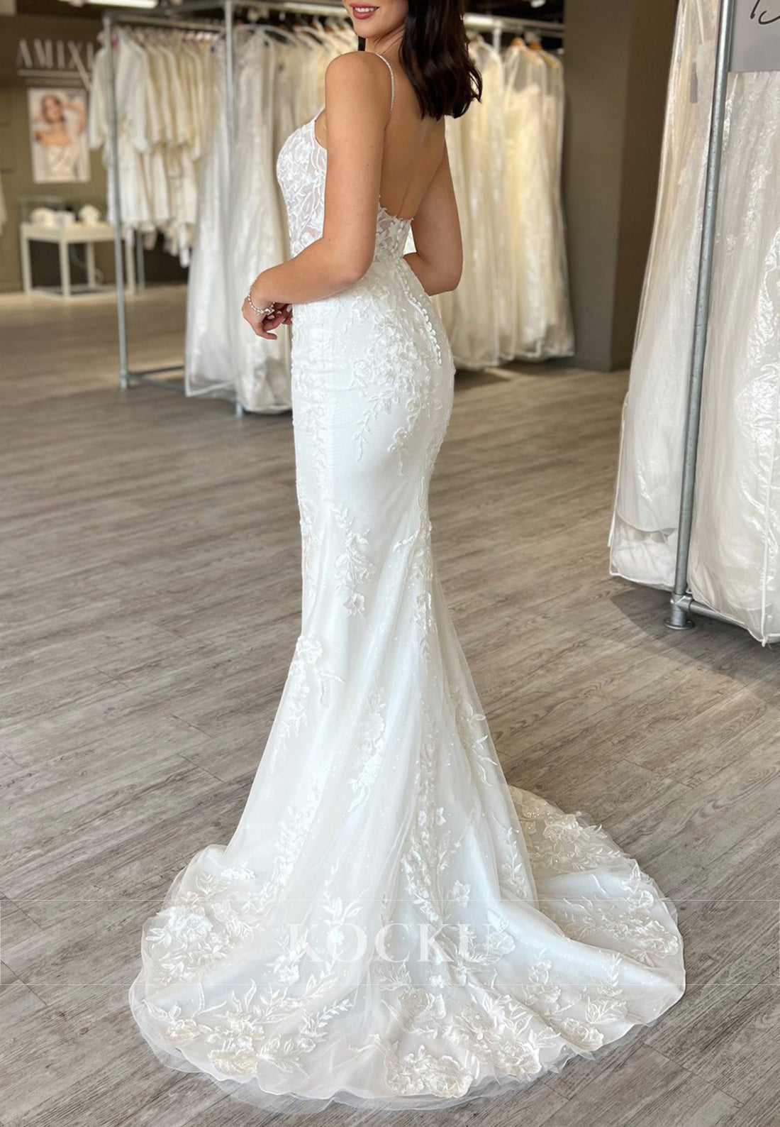 Spaghetti Strap Backless Sheer Lace Mermaid Wedding Dress with Floral Embroidery