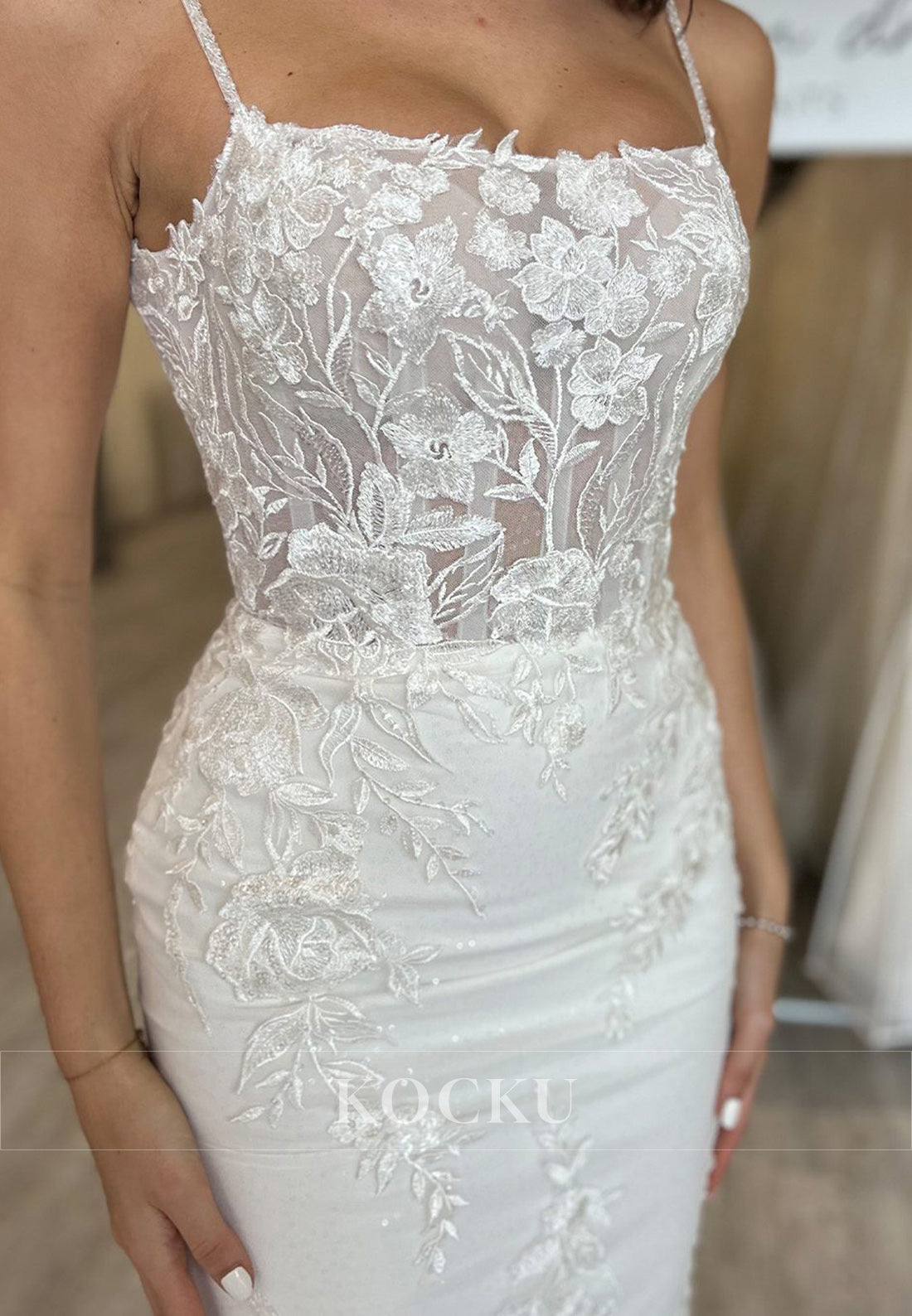 Spaghetti Strap Backless Sheer Lace Mermaid Wedding Dress with Floral Embroidery