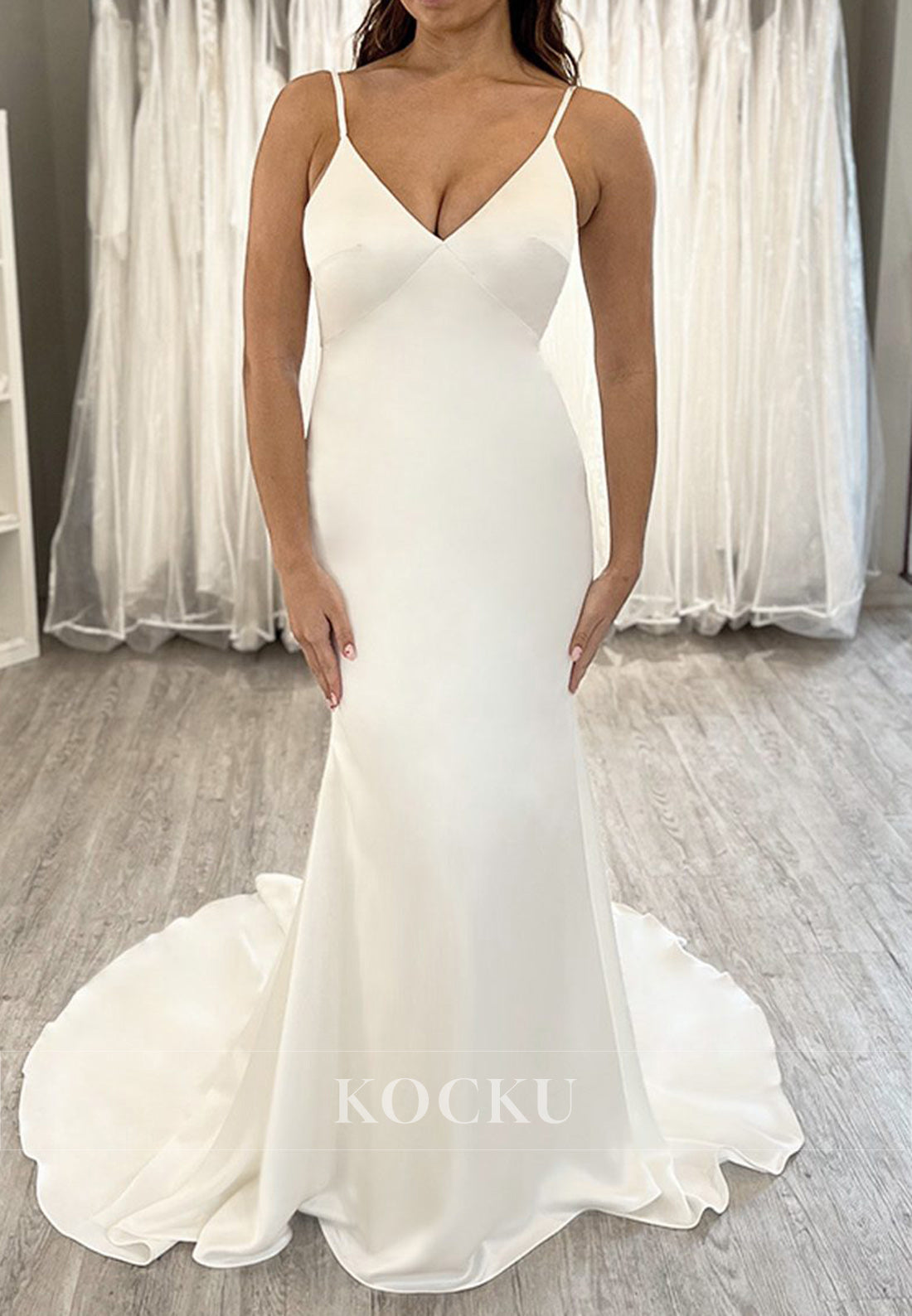 Spaghetti Strap Plunge V - Neck Satin Mermaid Wedding Dress with Train