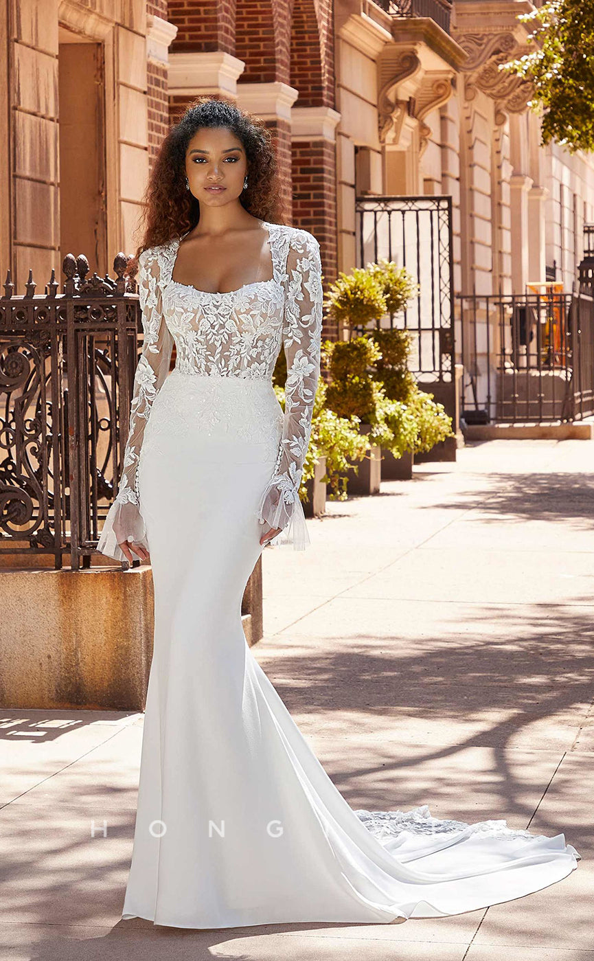 H0834 - Sheer Floral Embroidered Lace Strappy Bell Sleeved Mermaid With Tulle Train Pricess Wedding Dress - Fashionpara