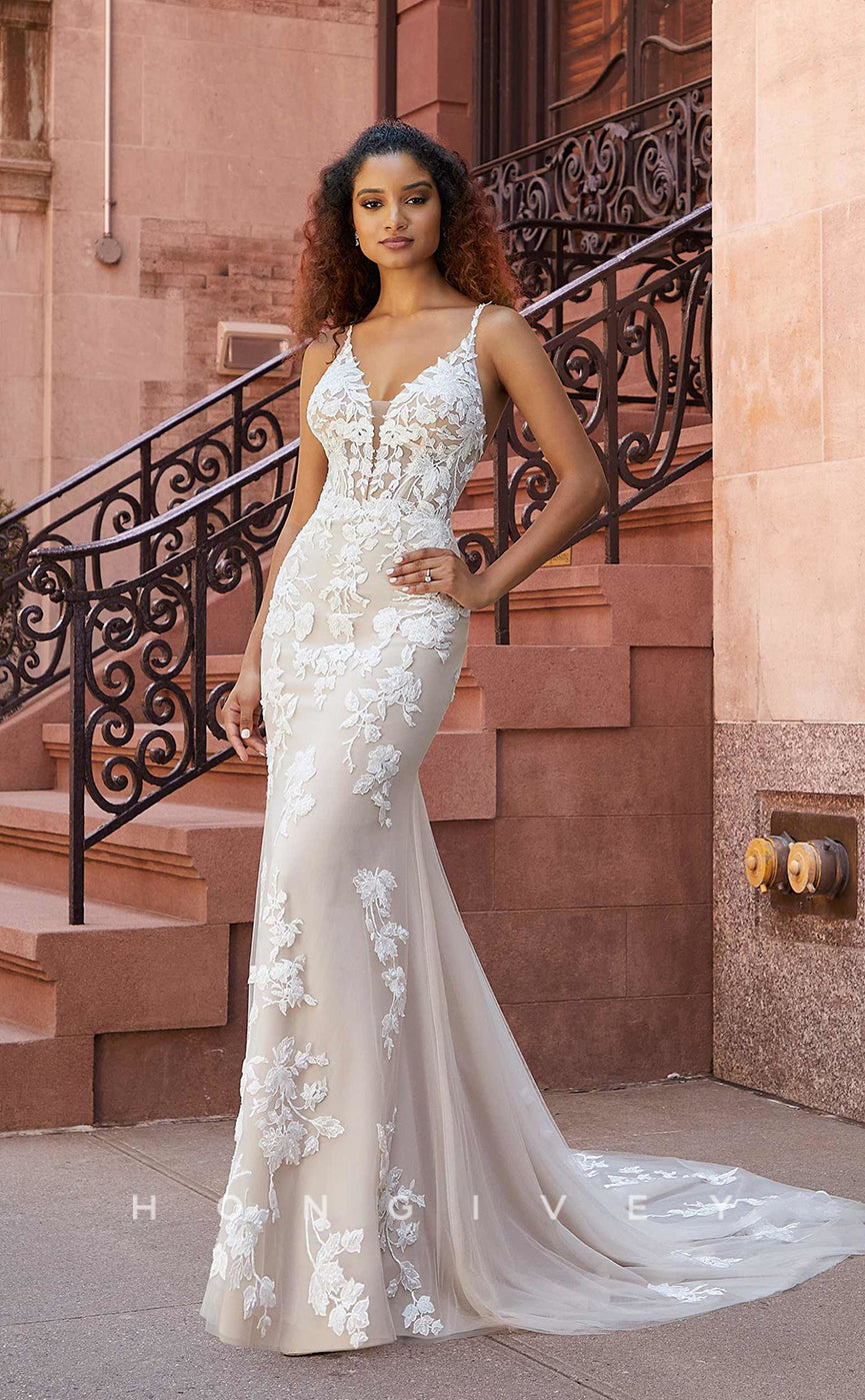 H0836 - Sheer Floral Embroidered Lace Plunging Illusion Mermaid With Overskirt And Tulle Train Pricess Wedding Dress - Fashionpara