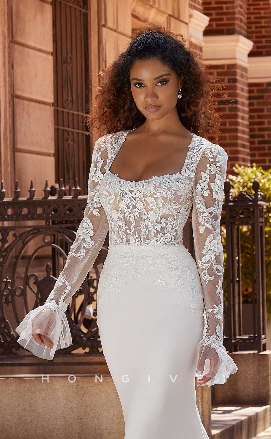 H0834 - Sheer Floral Embroidered Lace Strappy Bell Sleeved Mermaid With Tulle Train Pricess Wedding Dress - Fashionpara