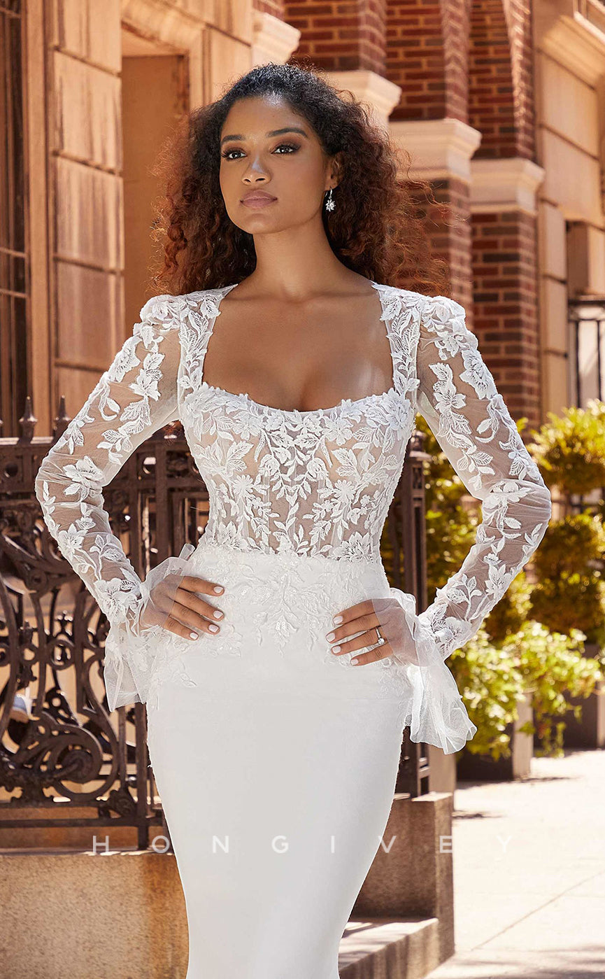H0834 - Sheer Floral Embroidered Lace Strappy Bell Sleeved Mermaid With Tulle Train Pricess Wedding Dress - Fashionpara