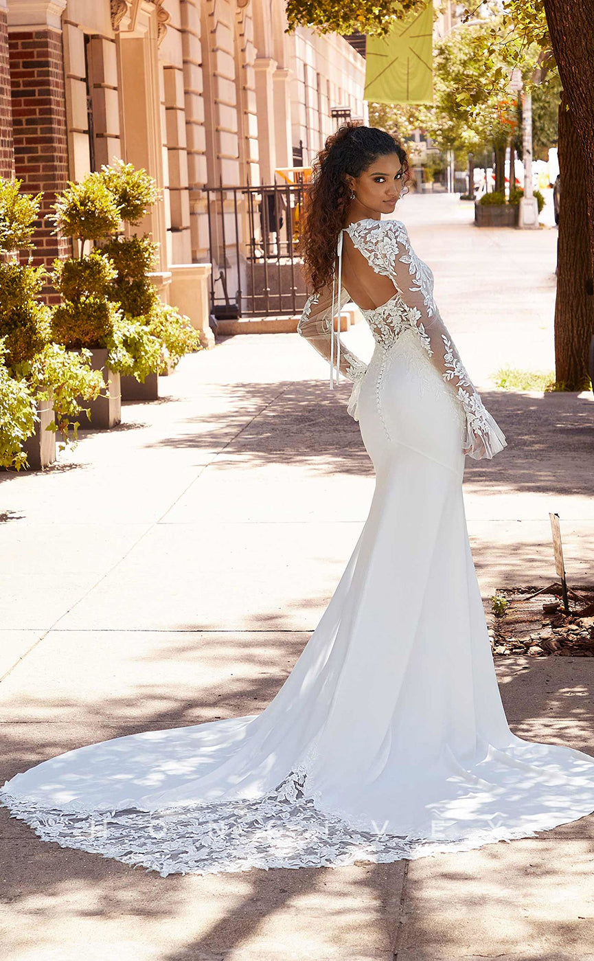 H0834 - Sheer Floral Embroidered Lace Strappy Bell Sleeved Mermaid With Tulle Train Pricess Wedding Dress - Fashionpara