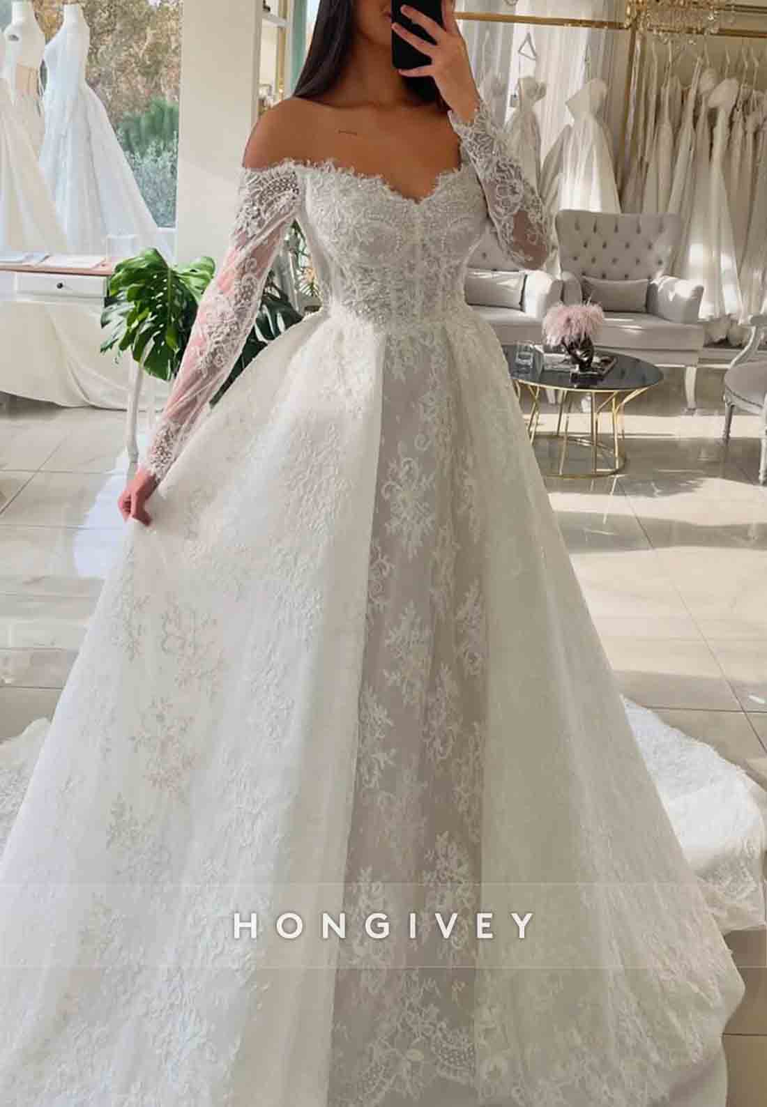 Lace Chapel Train Off the Shoulder Long Sleeves A-Line Wedding Dresses