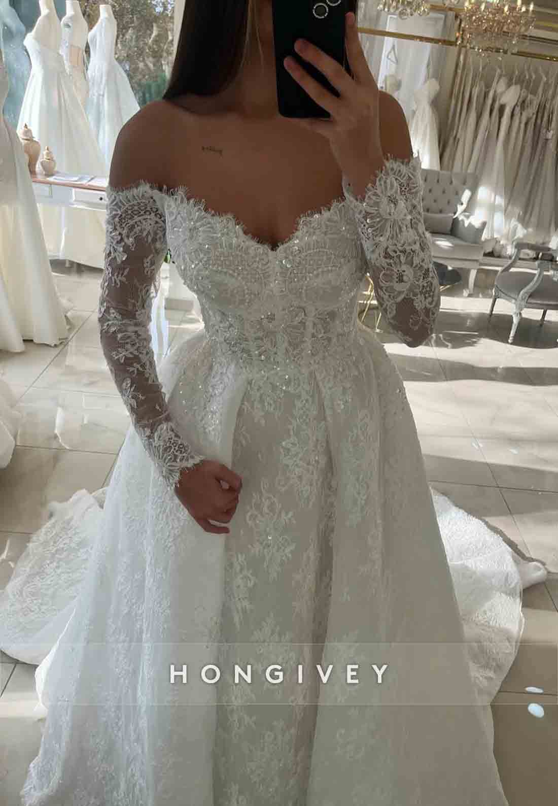 Lace Chapel Train Off the Shoulder Long Sleeves A-Line Wedding Dresses