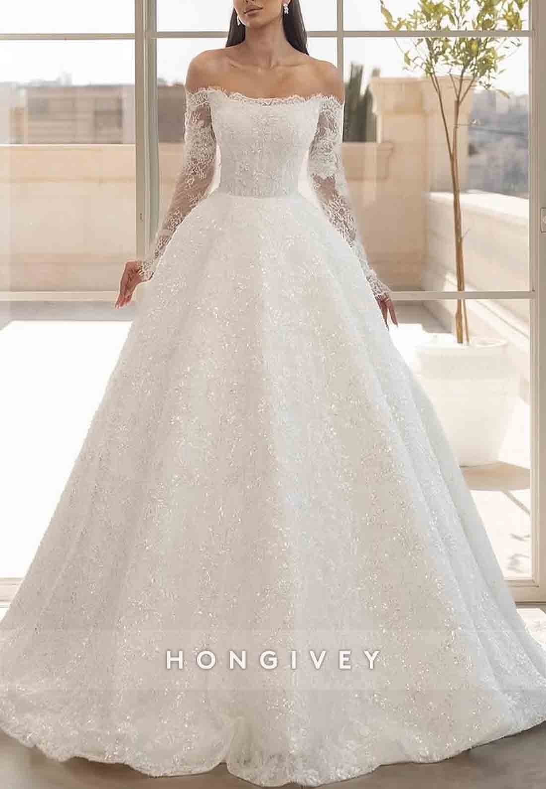 Off the Shoulder Long Sleeves Pleated Sweep Train Princess Lace Wedding Dresses