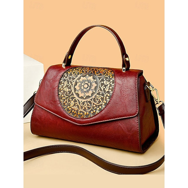Floral Faux Vintage Engraved Handbag Leather