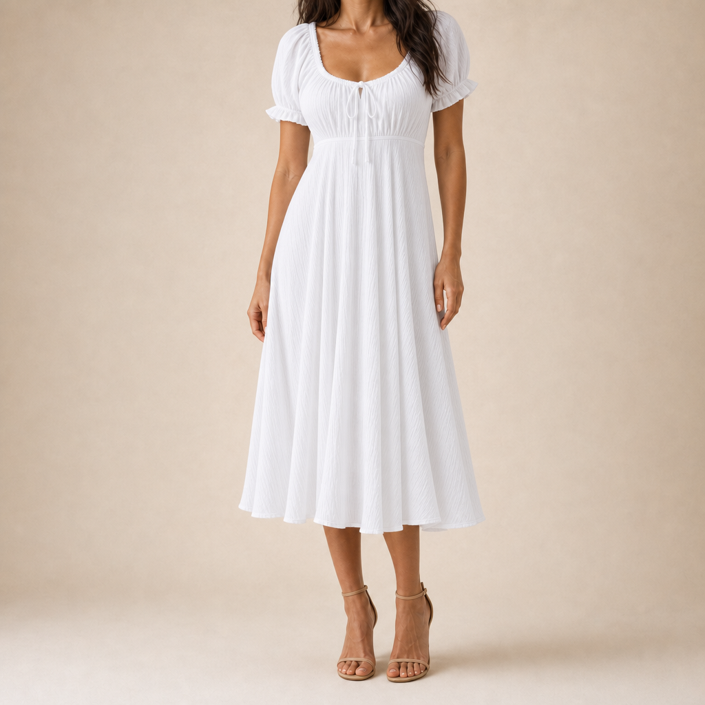 Scoop Neck Puff Sleeve Tie Front Fit and Flare Midi Dress 6