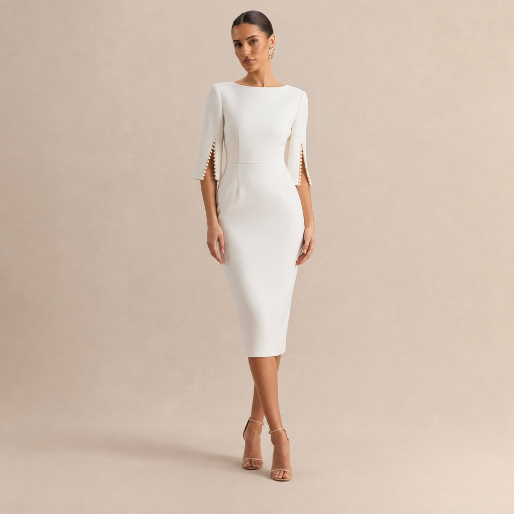 Boat Neck Pearl Split Sleeve Bodycon Midi Dress 7