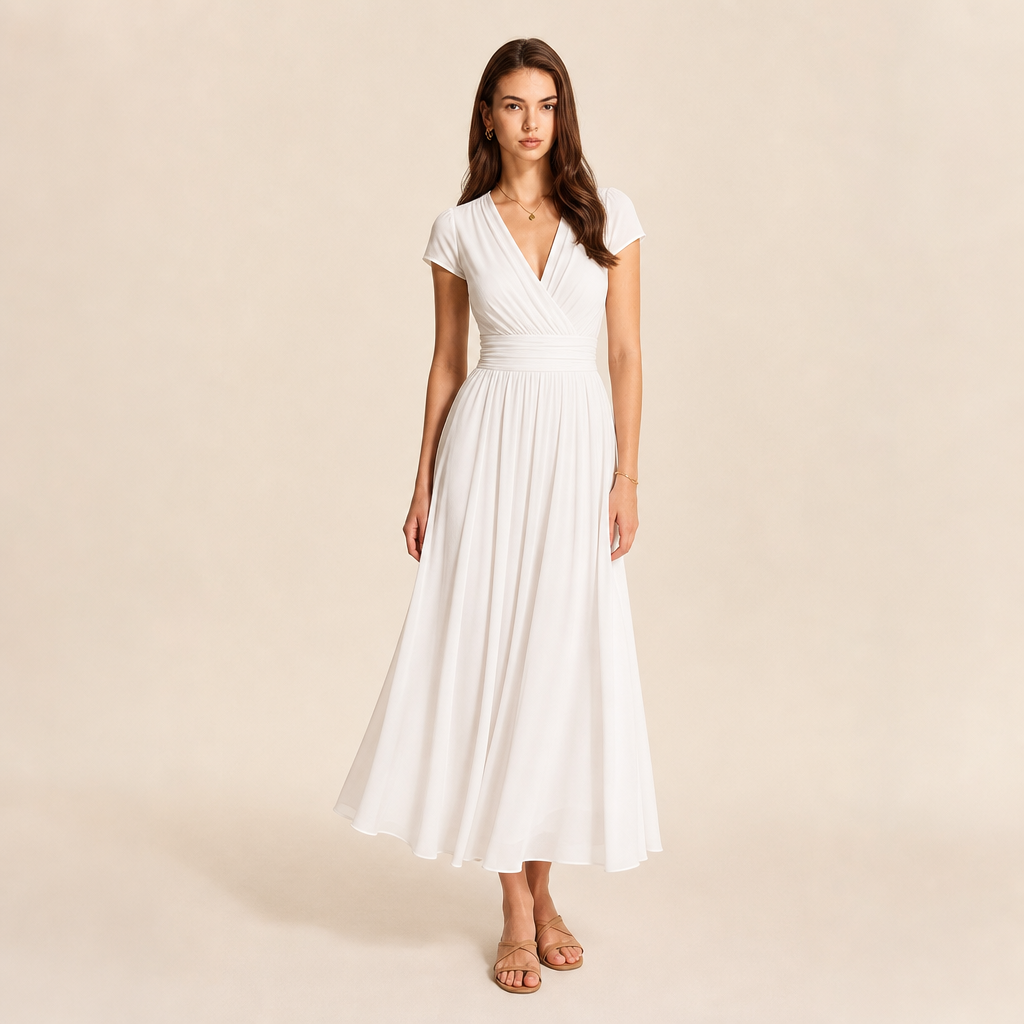 V-Neck Cap Sleeve Ruched Waist Chiffon Midi Dress 13