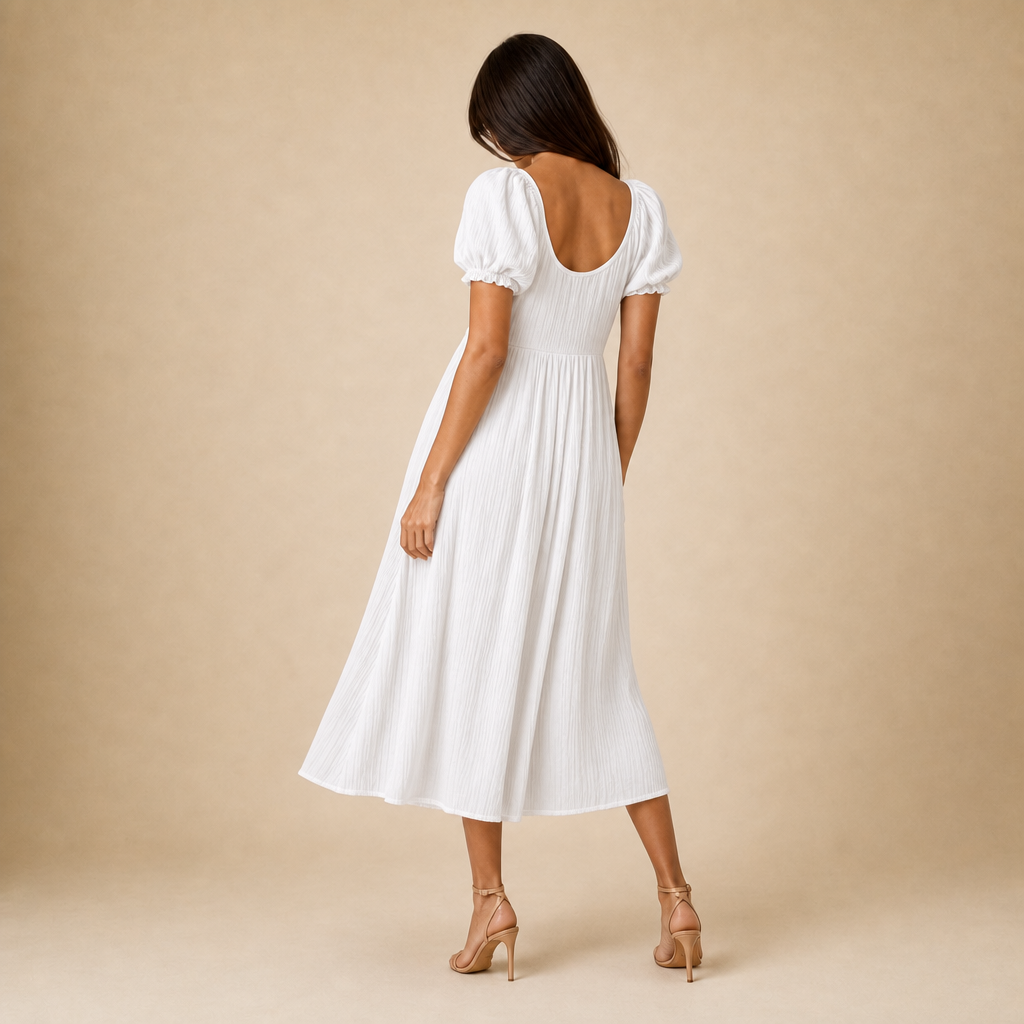 Scoop Neck Puff Sleeve Tie Front Fit and Flare Midi Dress 9