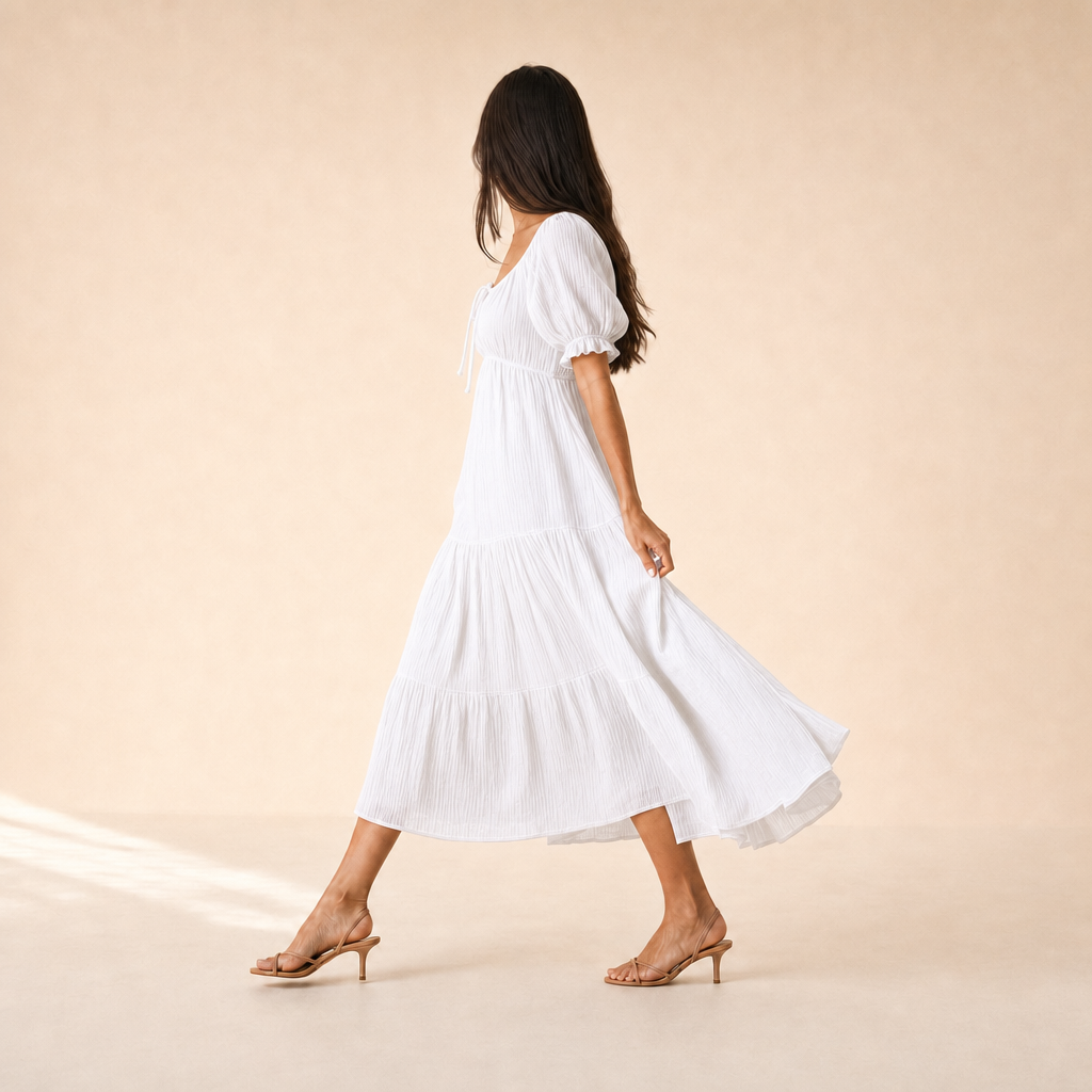 Scoop Neck Puff Sleeve Tie Front Fit and Flare Midi Dress 10