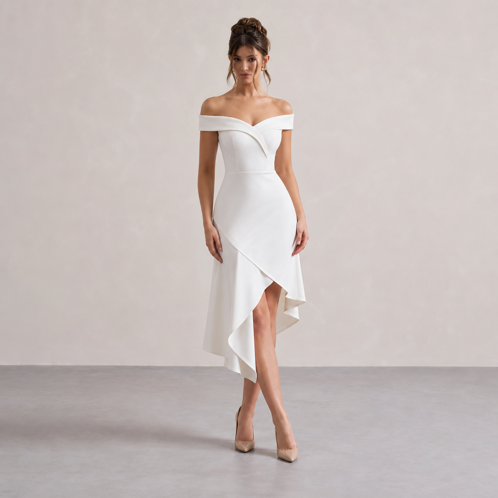 Off Shoulder High Low Asymmetric Midi Dress
