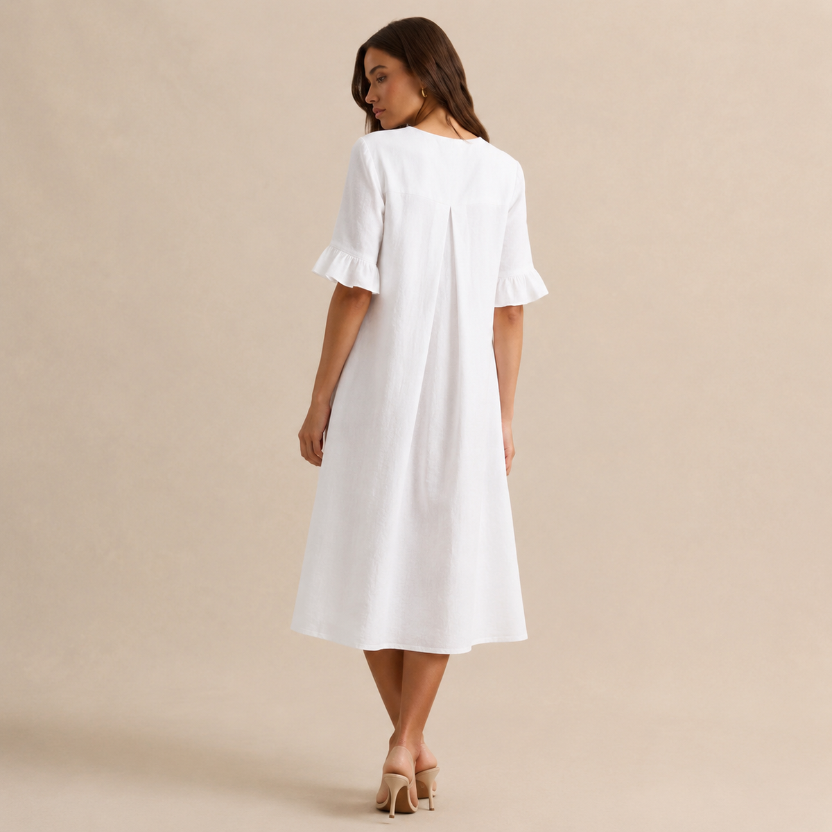 Notch Neck Wooden Button Front Pleated A-Line Midi Dress 6
