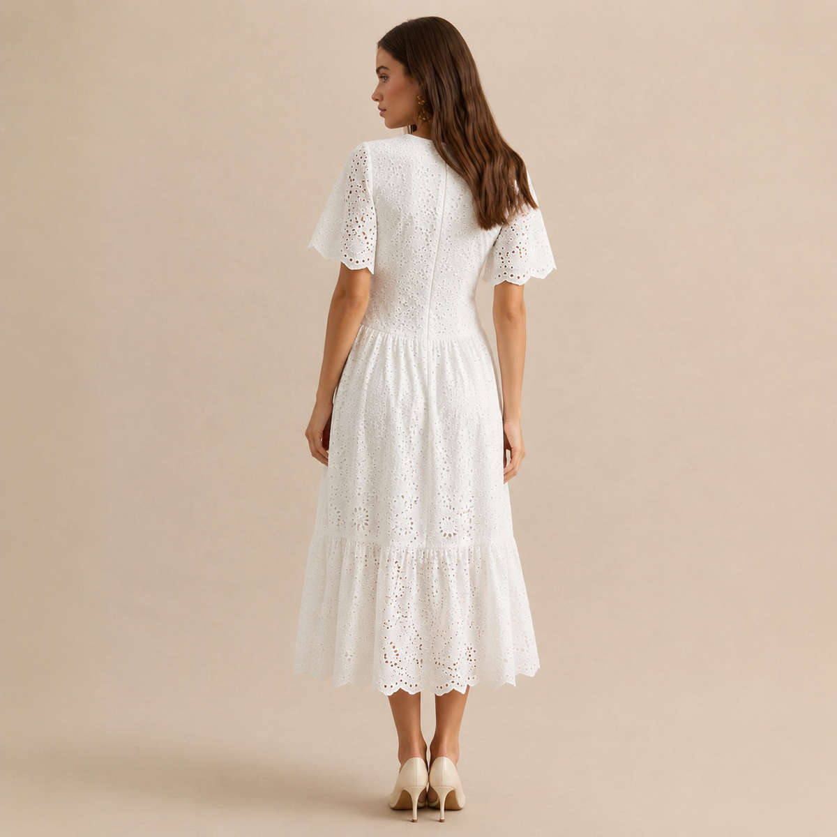 Round Neck Puff Sleeve Eyelet Tiered Midi Dress 6