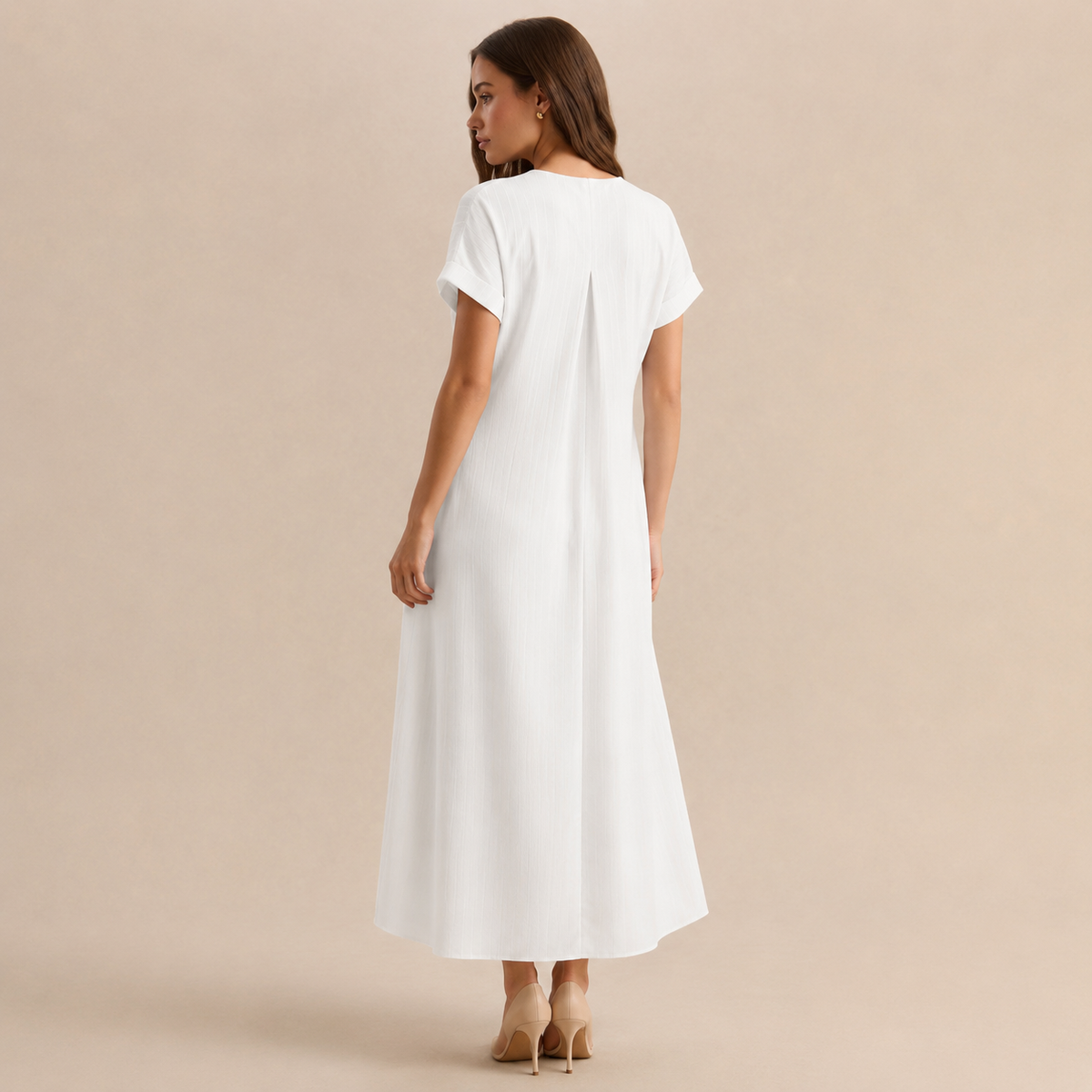 V-Neck Short Sleeve Button Front Ribbed Midi Shift Dress 6