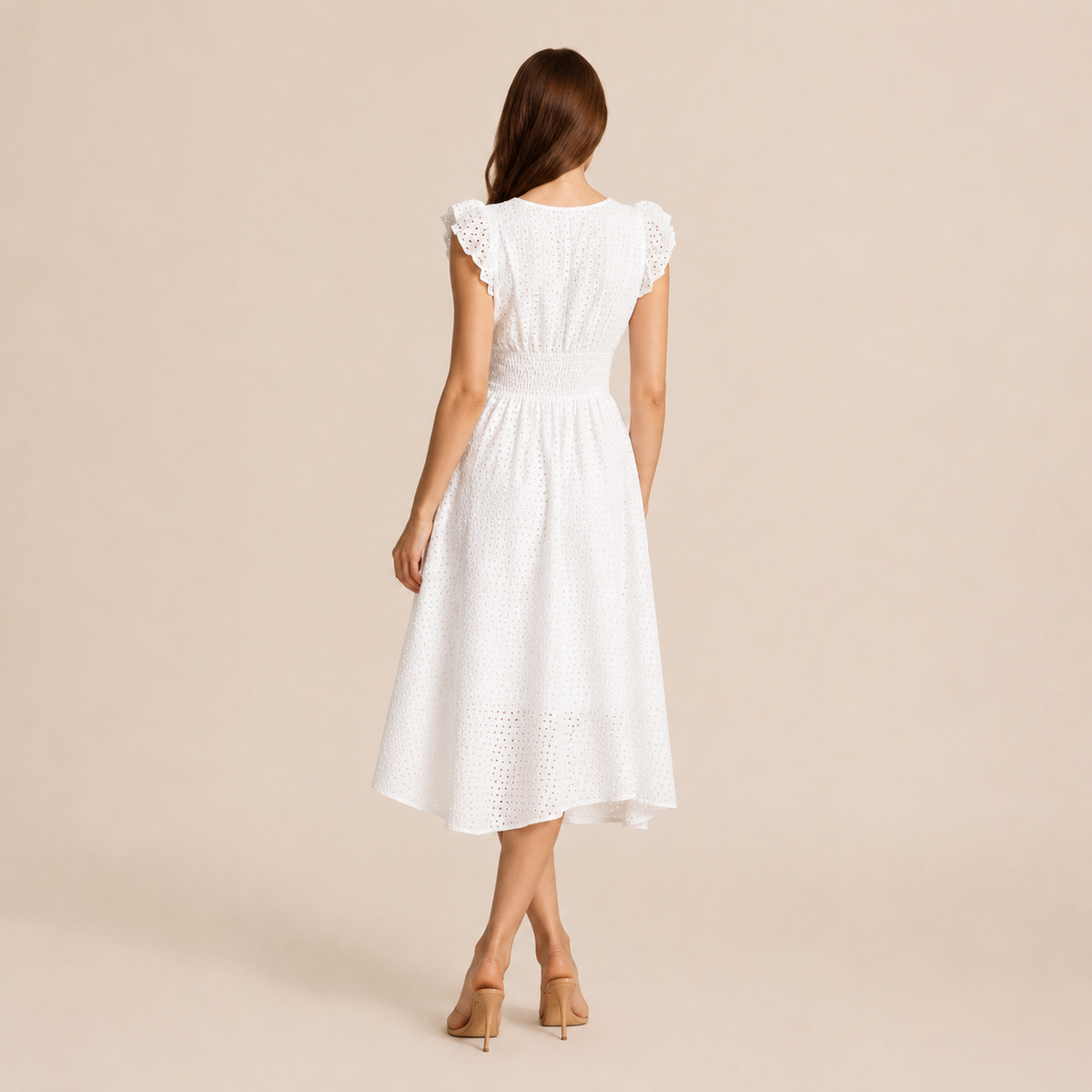 Broderie V-Neck Flutter Sleeve Shirred Waist A-Line Midi Dress 7