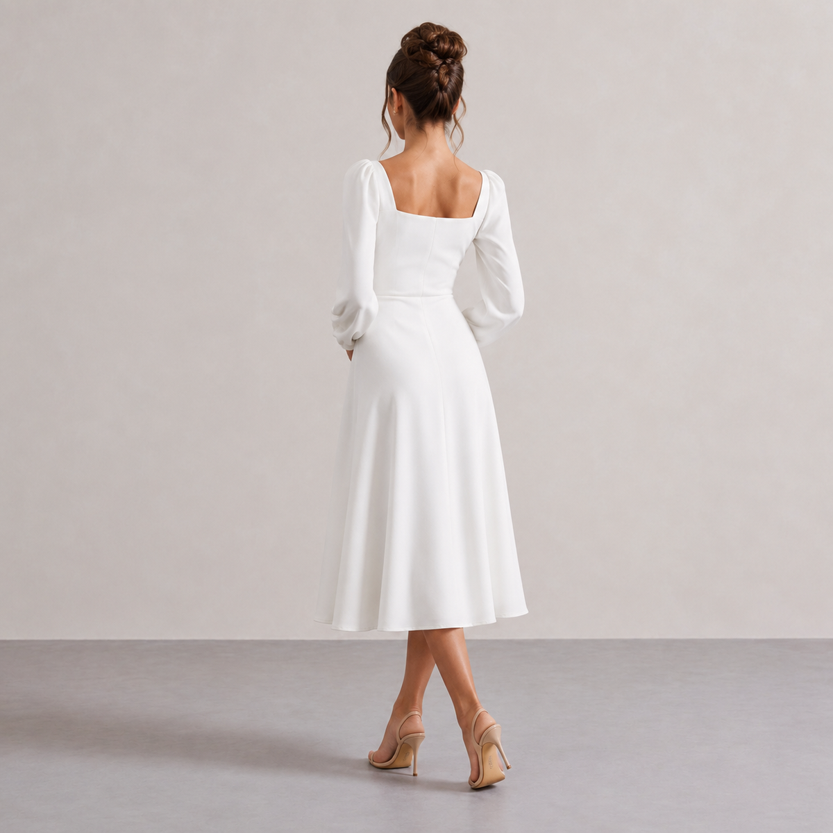 Sweetheart Neck Long Puff Sleeve Fit and Flare Midi Dress 12
