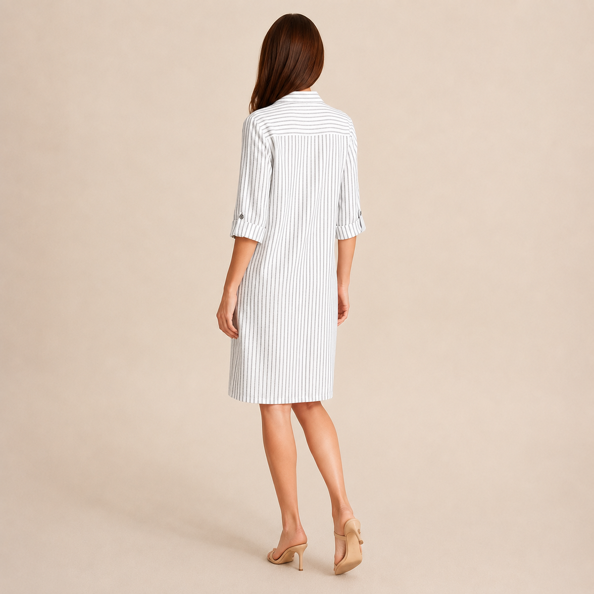 Striped Collared Roll Sleeve Button Front Shirt Dress 3