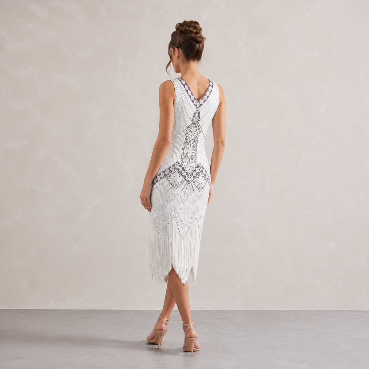 V-Neck Beaded Fringe Sleeveless Flapper Midi Dress 7