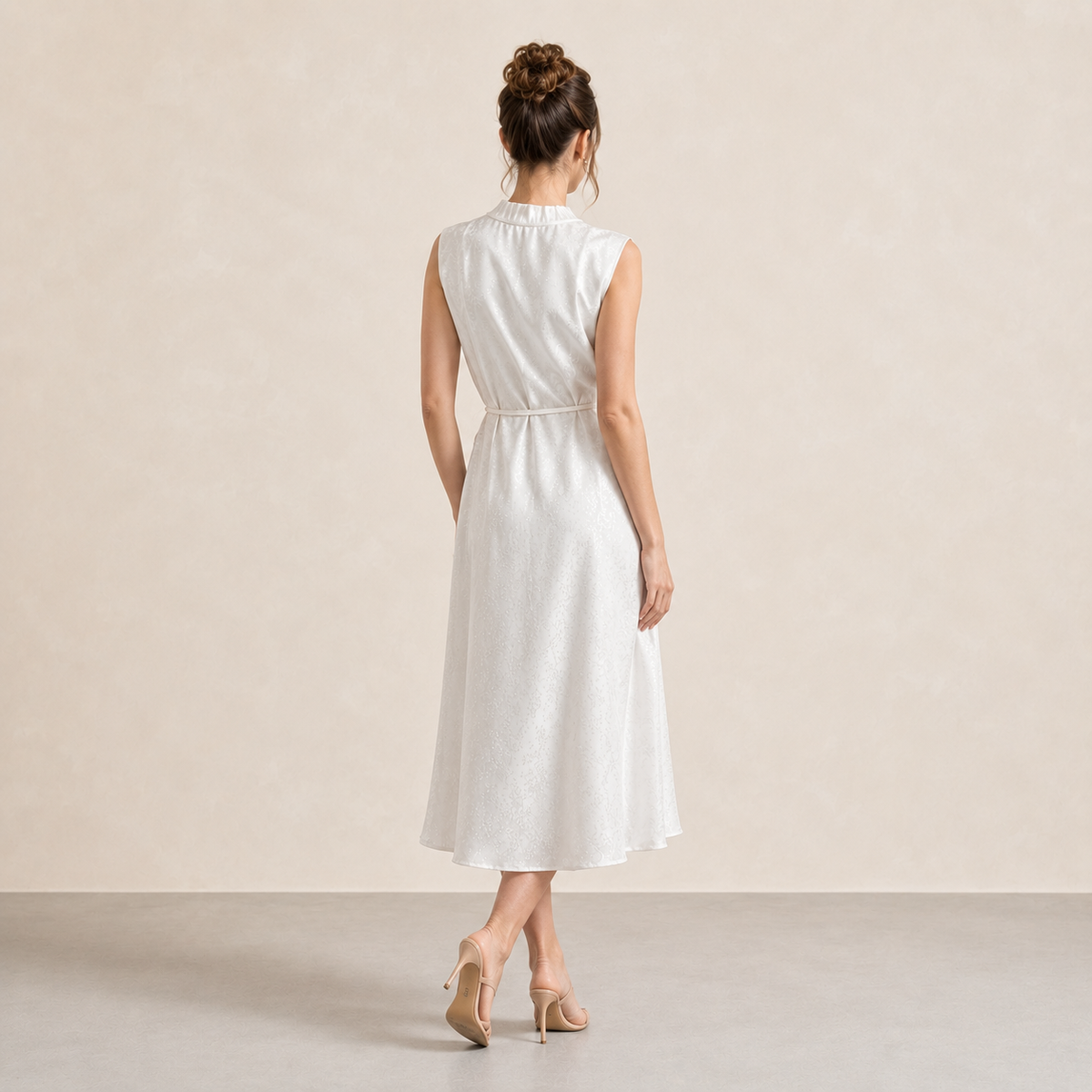 Mock Neck Sleeveless Tie Waist Jacquard Satin Midi Dress 6