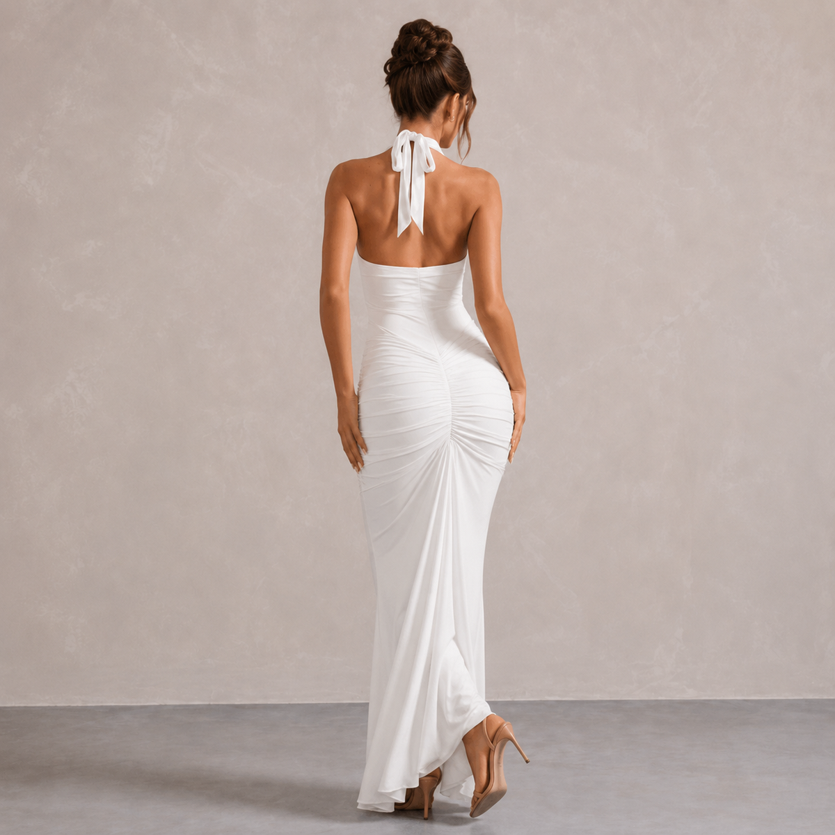 Deep V-Neck Halter Ruched Fishtail Maxi Gown 6