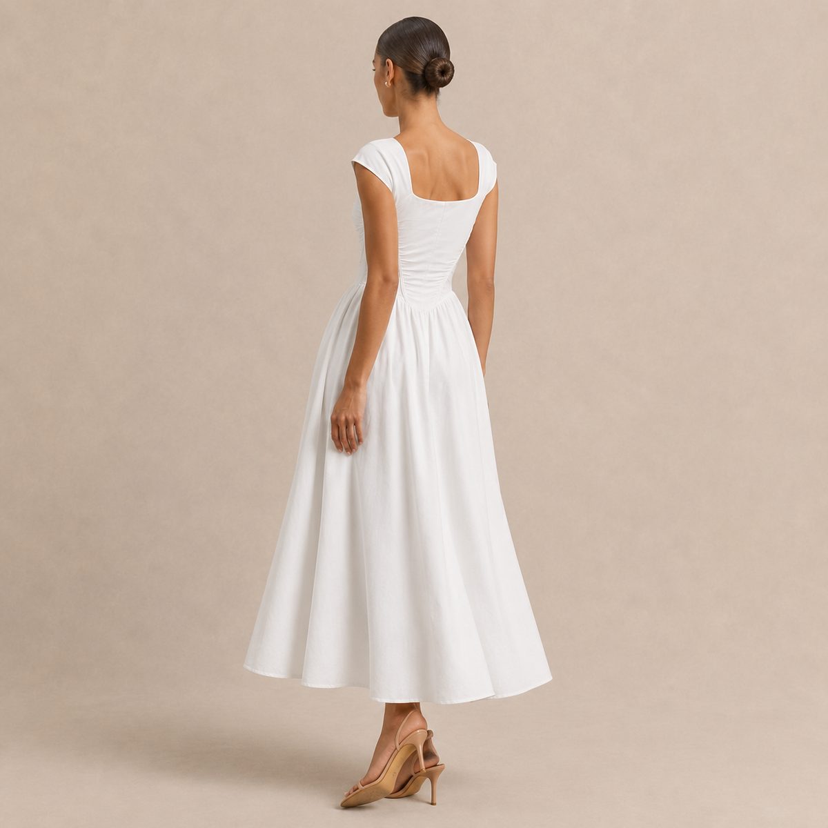 Square Neck Cap Sleeve Ruched Corset Fit and Flare Midi Dress 3