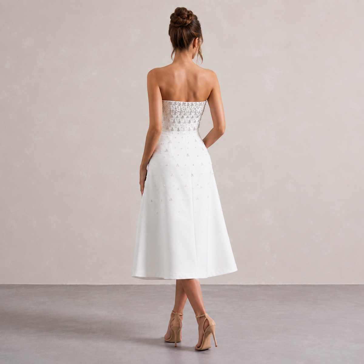 Strapless Pearl Embellished Fit and Flare Midi Dress 6