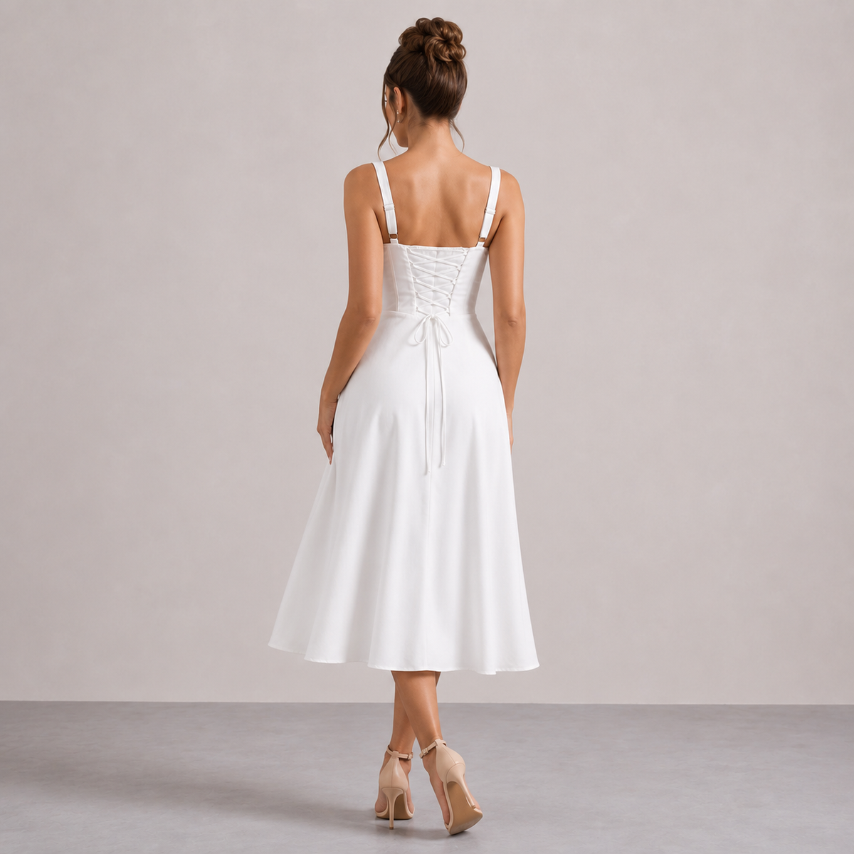 Square Neck Tie Front Corset Fit and Flare Midi Dress 6