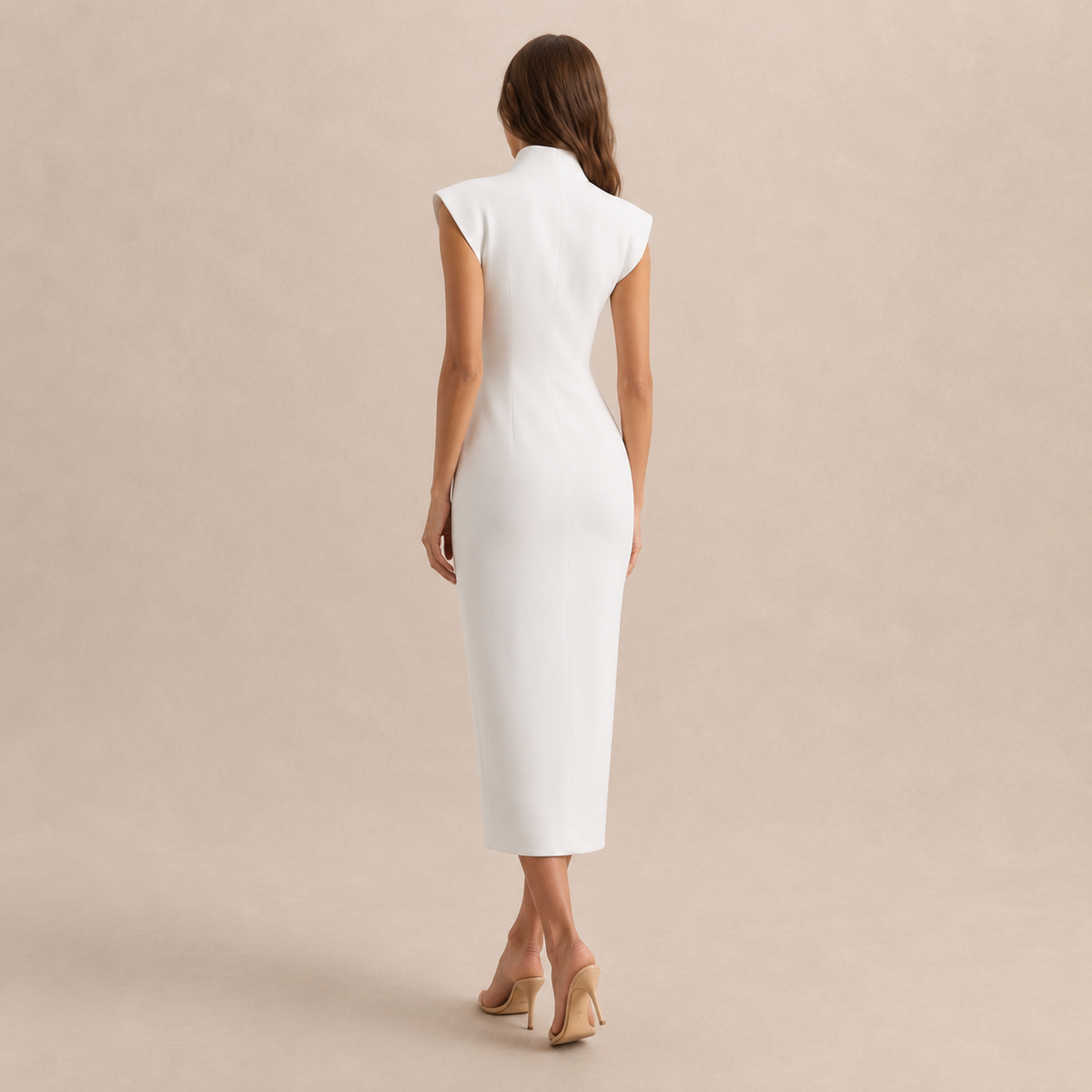 Stand Collar Cap Sleeve Split Neck Bodycon Midi Dress 6