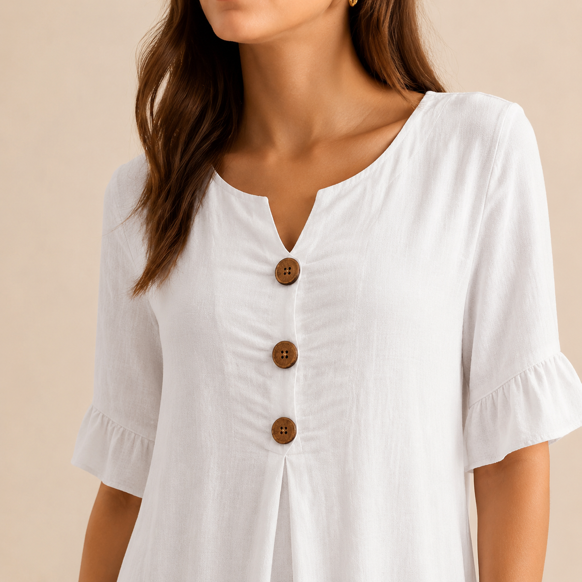 Notch Neck Wooden Button Front Pleated A-Line Midi Dress 5