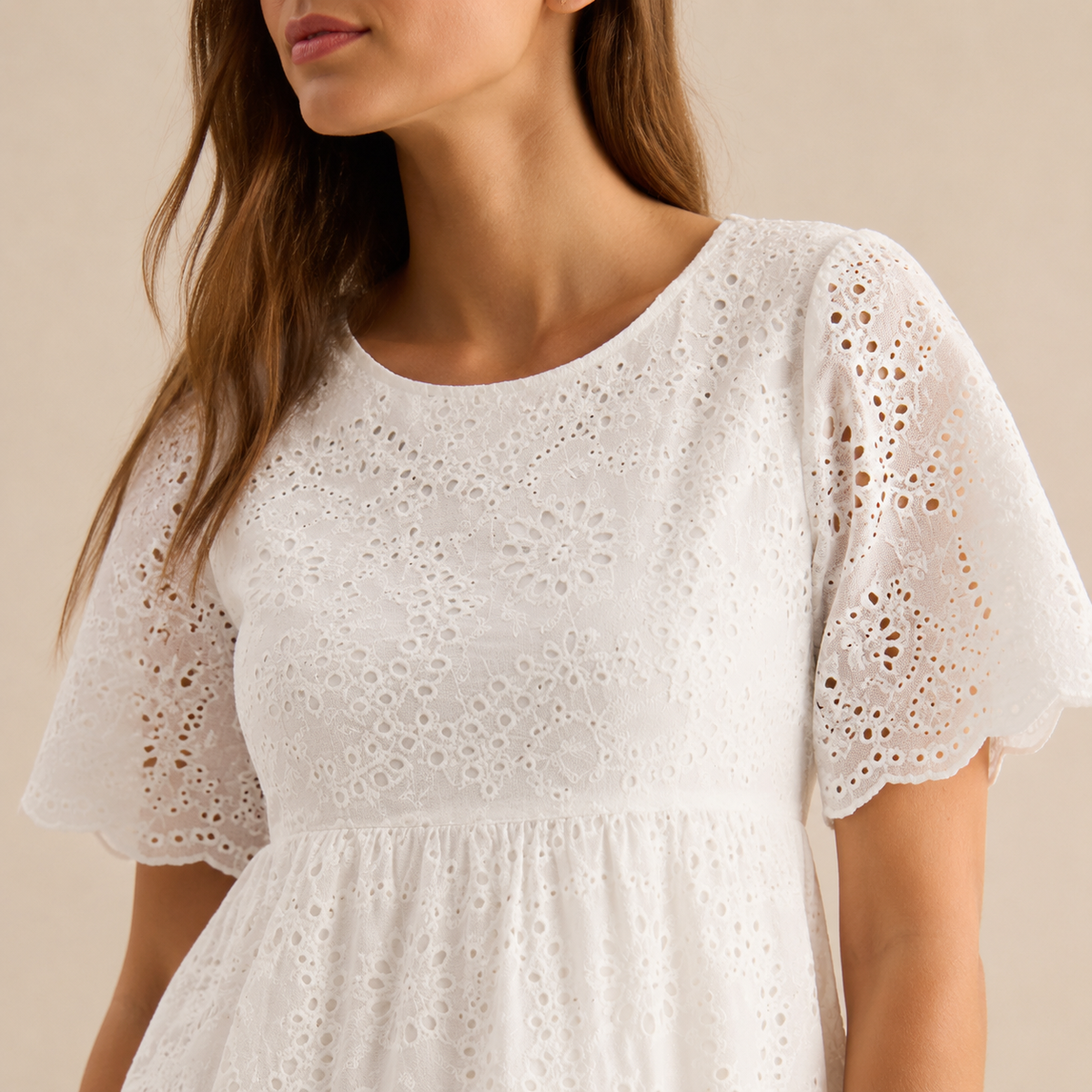Round Neck Puff Sleeve Eyelet Tiered Midi Dress 5