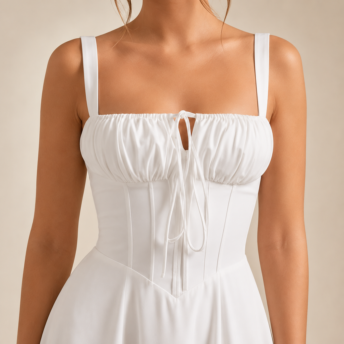 Square Neck Tie Front Corset Fit and Flare Midi Dress 5