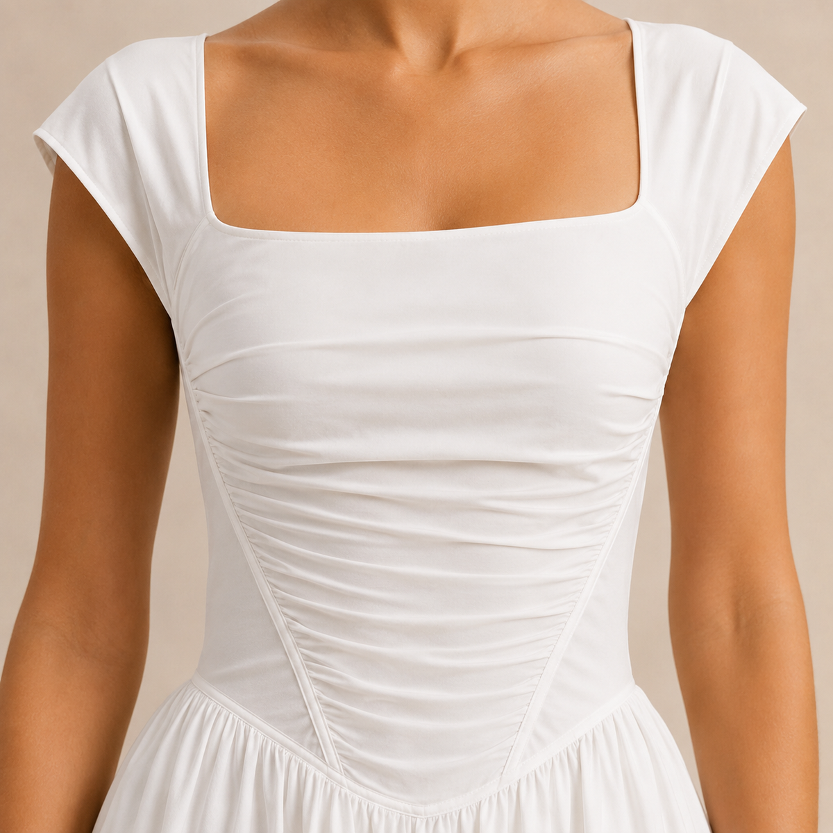 Square Neck Cap Sleeve Ruched Corset Fit and Flare Midi Dress 2