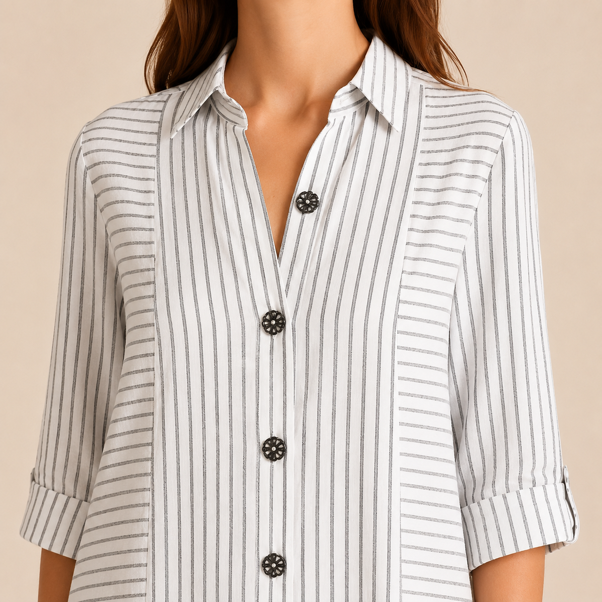 Striped Collared Roll Sleeve Button Front Shirt Dress 2