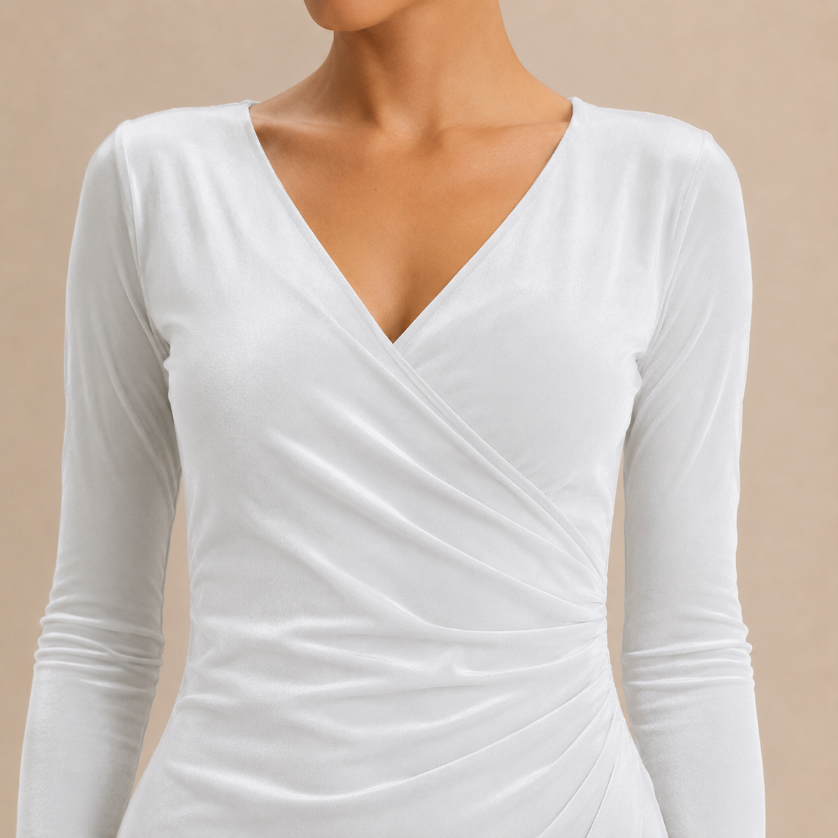 V-Neck Long Sleeve Ruched Velvet Wrap Midi Dress 5