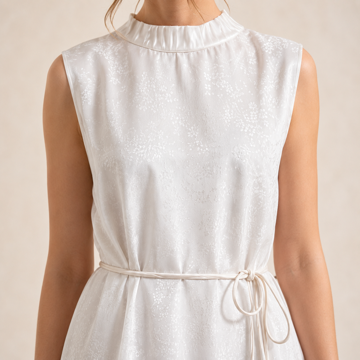 Mock Neck Sleeveless Tie Waist Jacquard Satin Midi Dress 5