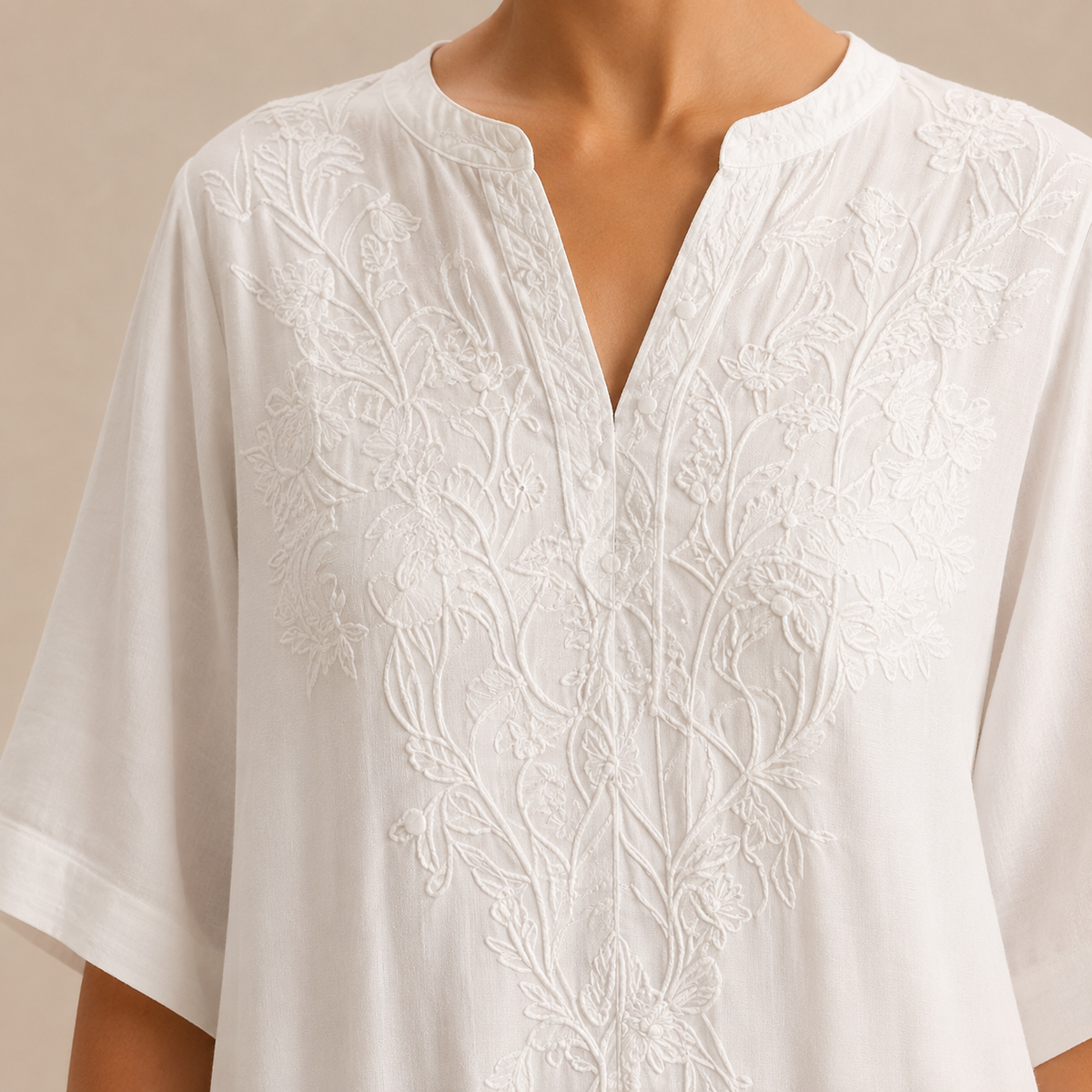 Embroidered Split Neck Short Sleeve Kaftan Midi Dress 5