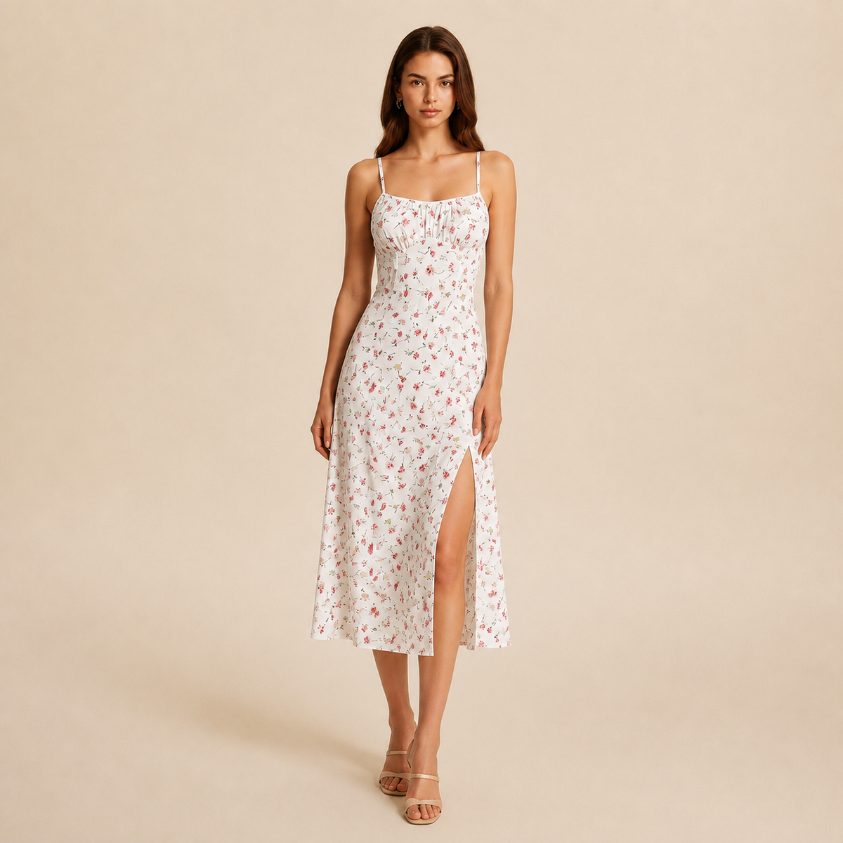 Ditsy Floral Strappy High Split Satin Midi Dress 4