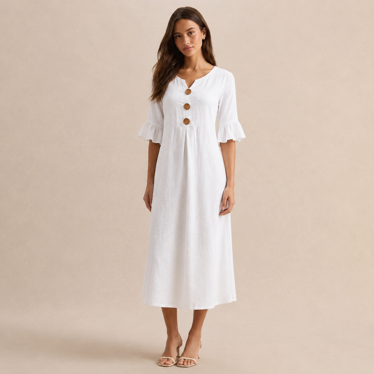 Notch Neck Wooden Button Front Pleated A-Line Midi Dress 4